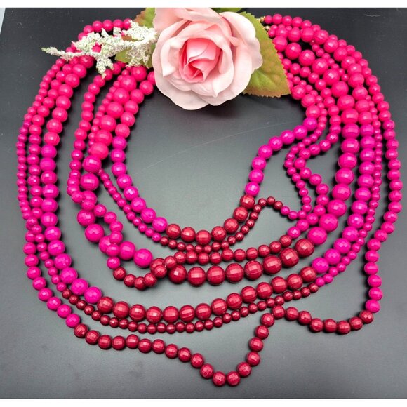 Ombre Shades Pink to Purple Multi Strand Faceted Beaded Statement Necklace 20" - Picture 2 of 9